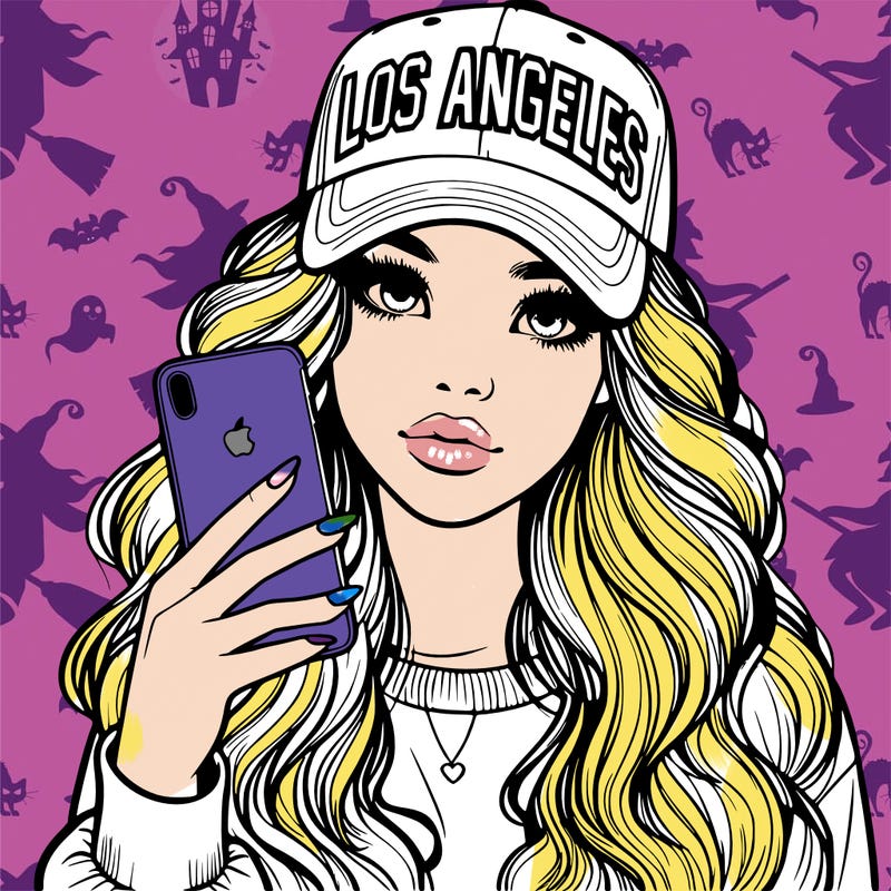 realistic beautiful girl wearing los ángeles cap holding an iphone