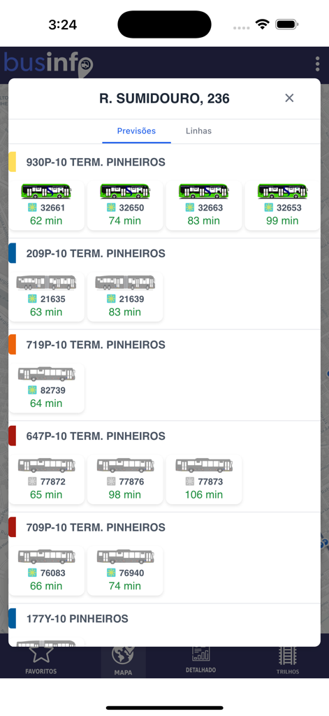 BusInfo - Interface de l'application BusInfo montrant les heures d'arrivée estimées pour plusieurs lignes de bus à Sao Paulo