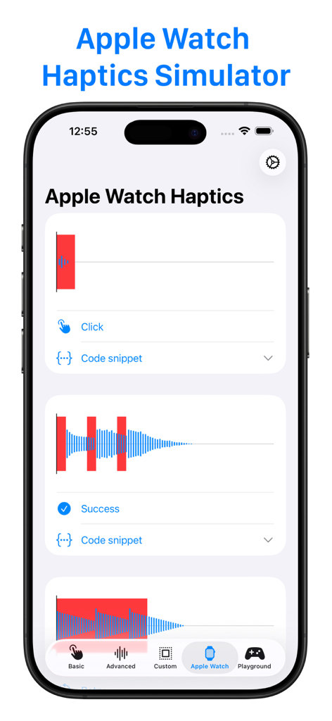 Haptic Testing: Developer Tool - Apple Watch Haptics Simulator screen showing visual patterns for Click and Success haptic feedback