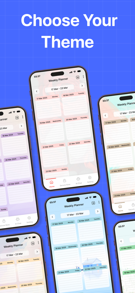 Daily Planner- Digital Planner - Exhibición de varios temas de color estéticos para la aplicación Planificador Diario en varios iPhones