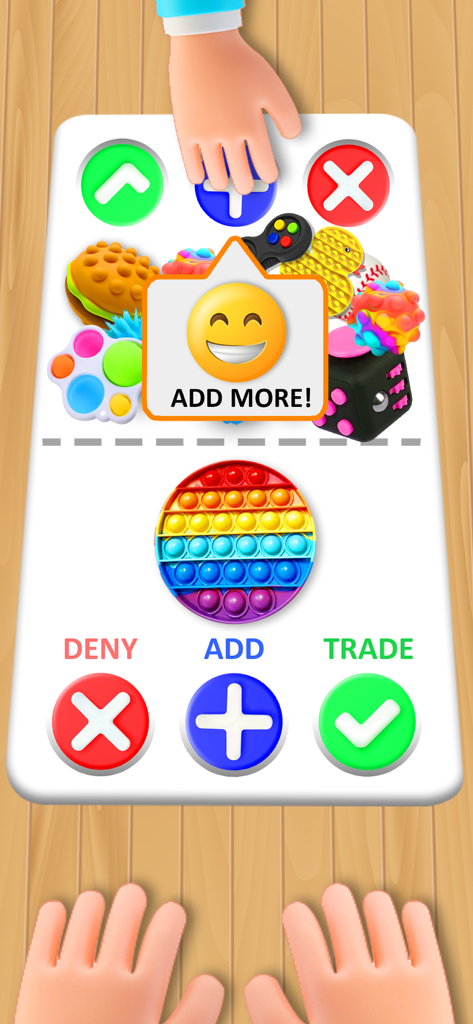 Fidget Trading: Pop It Fun - A mobile game screen from Fidget Trading Pop It Fun showing a trade offer between a rainbow pop it and various fidget toys.