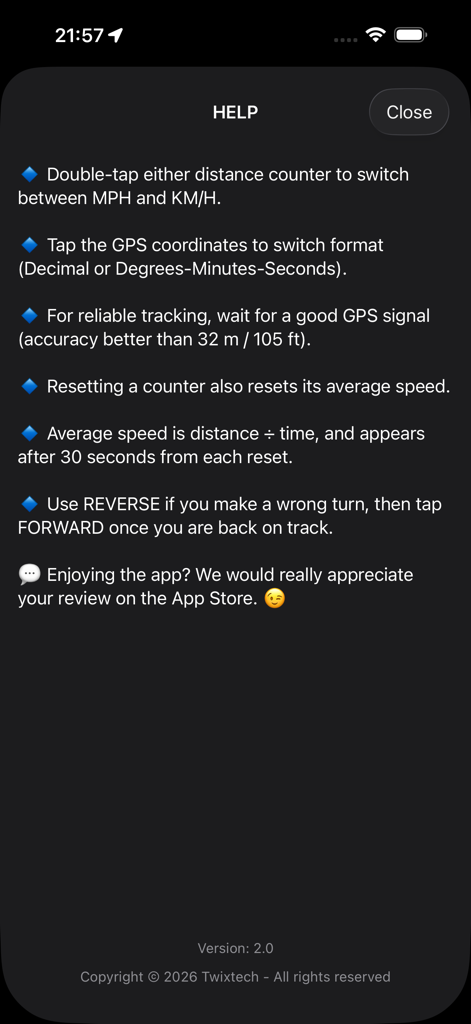 Tripmaster GPS - Hilfebildschirm der Tripmaster GPS App mit Navigationstipps und Anweisungen