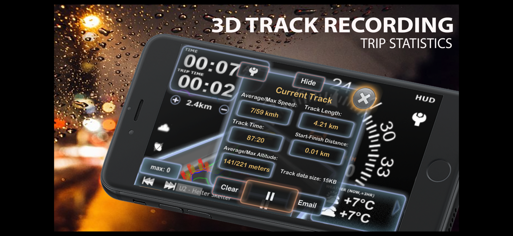 aSmart HUD 3D +SpeedCams - Interfaz que muestra grabación de pista 3D y estadísticas detalladas del viaje en la aplicación aSmart HUD 3D.