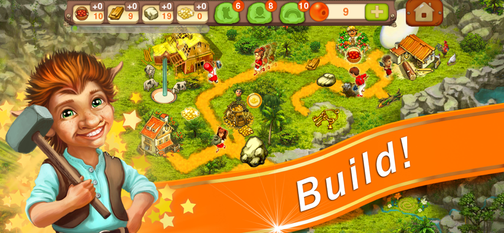 Brownies - magic family game - Un alegre personaje brownie sostiene un martillo frente a una escena de construcción de un pueblo mágico con barras de recursos.