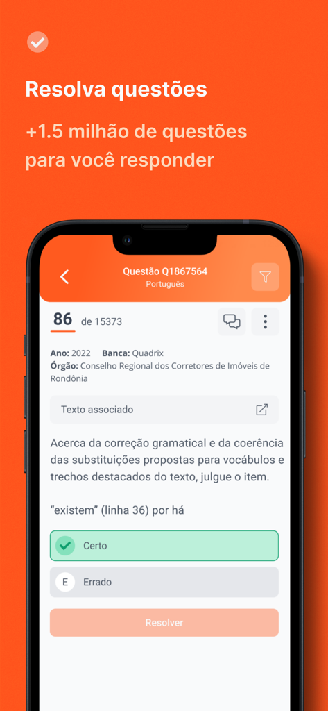 試験準備のためのポルトガル語文法問題を表示するQconcursosアプリのモバイル画面