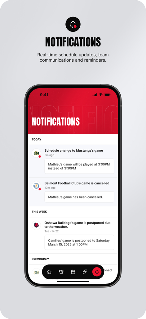 Spordle - Spordle app notification screen showing real time sports schedule updates and team reminders