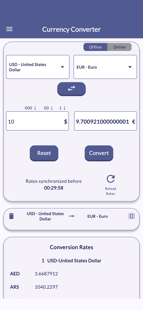 Real-Time Currency Converters - Interfaz de la aplicación móvil Currency Converter en Tiempo Real que muestra la conversión de USD a Euro en modo sin conexión