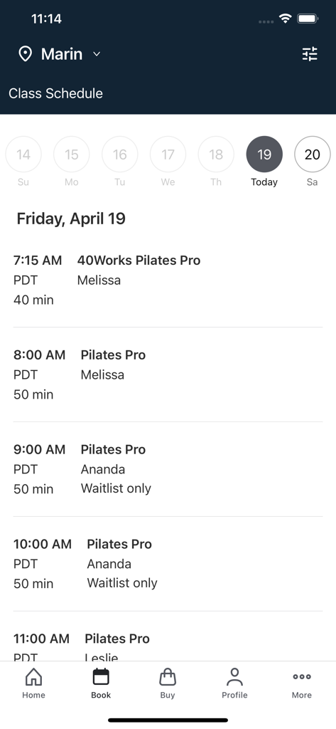 Pilates ProWorks mobile app class schedule screen showing available fitness sessions