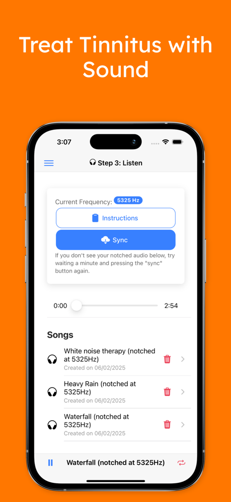 Mobile interface of AudioNotch app showing notched sound therapy songs for tinnitus relief