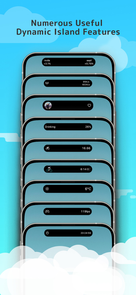 A stack of iPhones showcasing various Dynamic Island widgets including stock prices weather and real time FPS stats