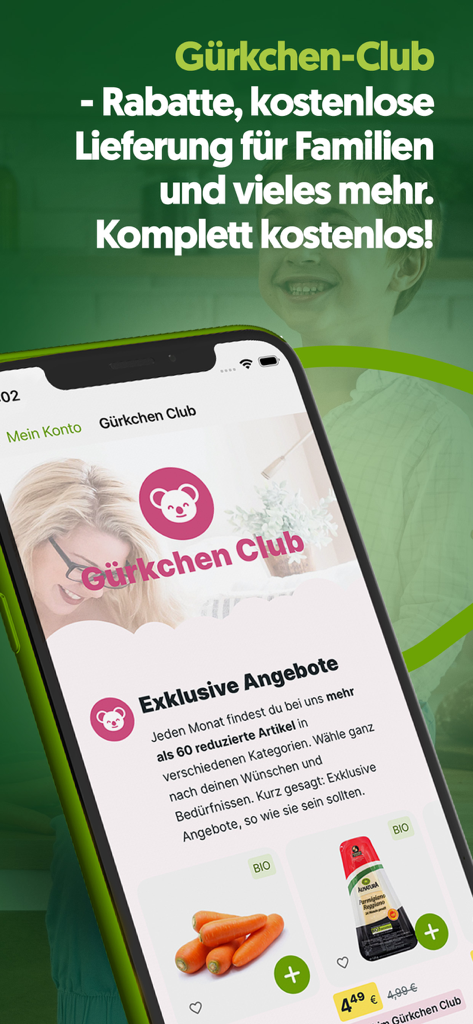 Gurkerl.at - Gurkerl app interface promoting the Gürkchen Club with exclusive grocery deals and free delivery for families.