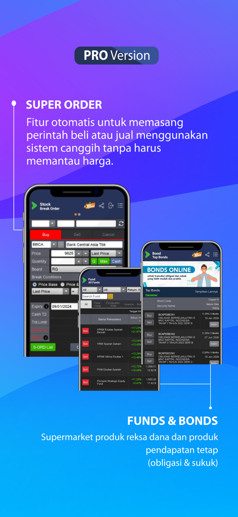 MotionTrade - MotionTrade app PRO version showing super order stock trading and bond investment options