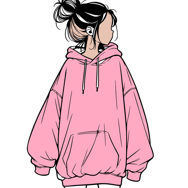 realistic girl with a oversized sweatshirt on and a bun