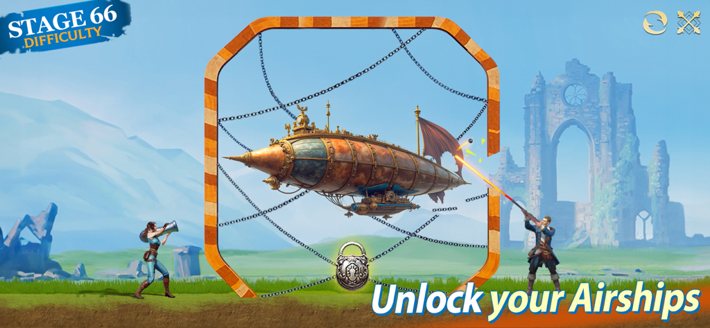 A gameplay screenshot of Stormshot showing a stage 66 physics puzzle to unlock a steampunk airship