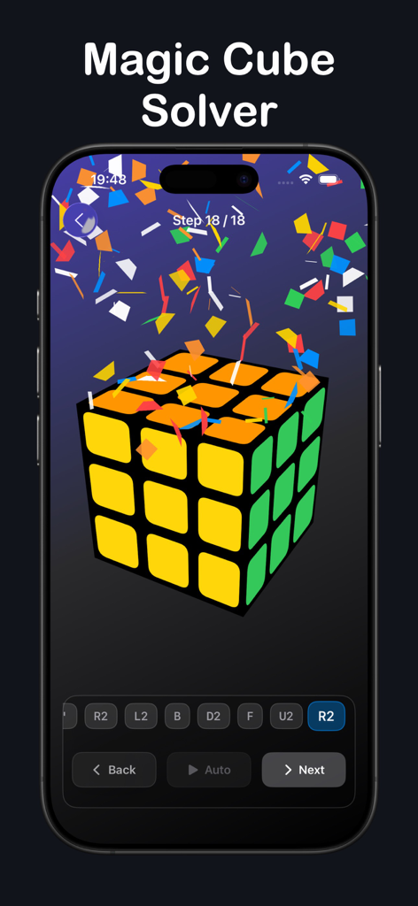 Cube Solver for Rubiks 3x3 2x2 - A mobile app interface showing a 3D Rubik's cube solved with celebratory confetti and playback controls