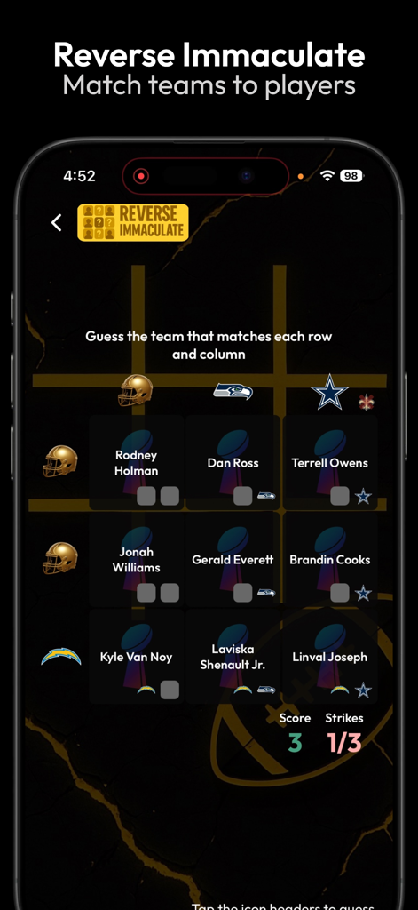 A screen showing the Reverse Immaculate game in the Gridiron Trivia app where players match NFL teams to a grid of professional athletes