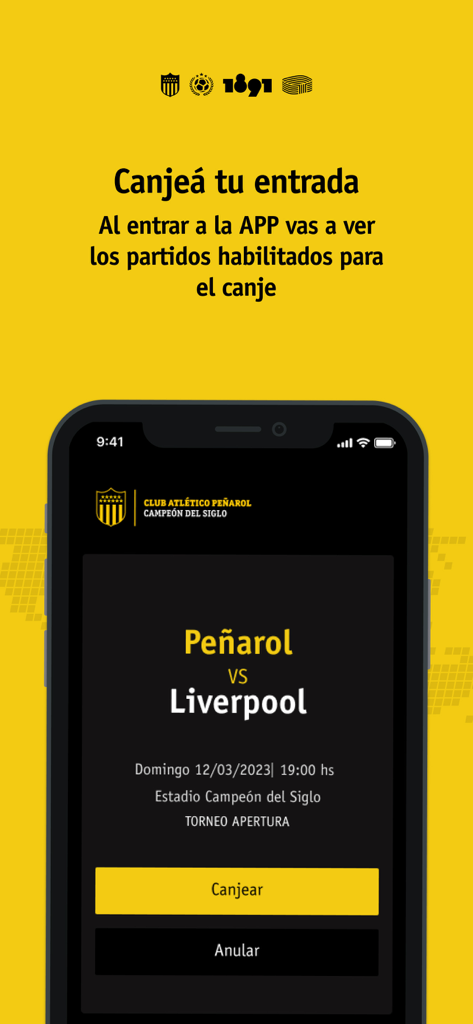 CAPP - Interface do aplicativo móvel CAPP mostrando uma tela de resgate de ingresso para o jogo de futebol Peñarol contra Liverpool