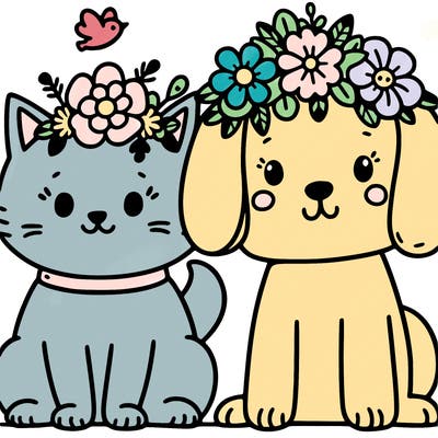 a cat and a dog with a flower crown