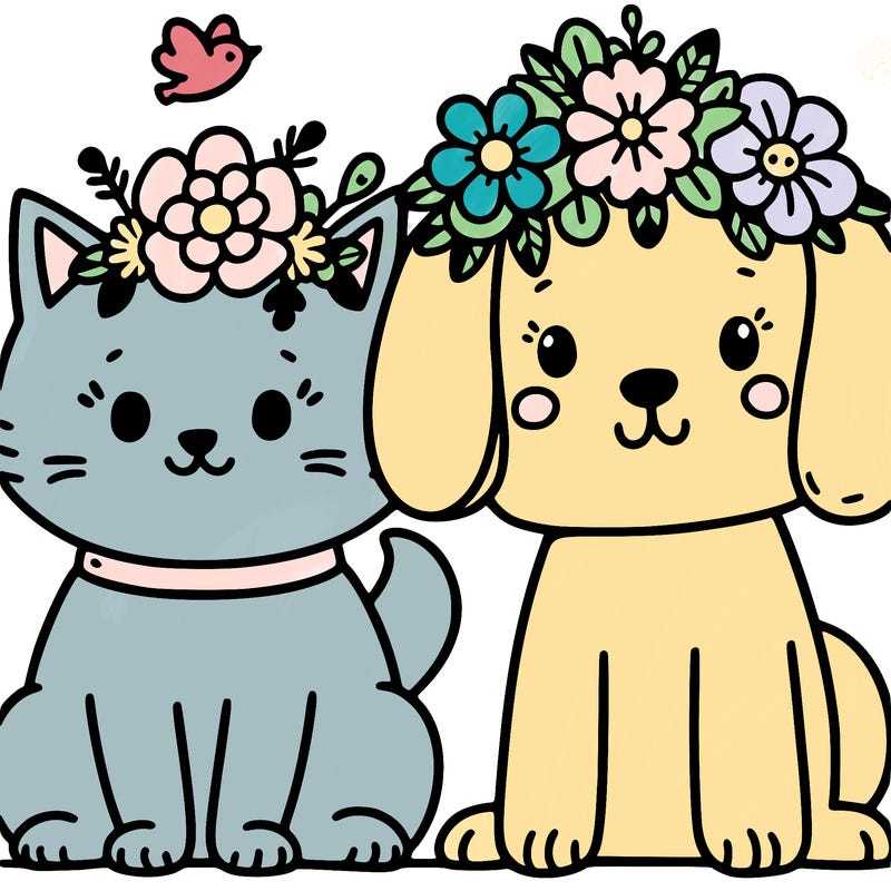a cat and a dog with a flower crown