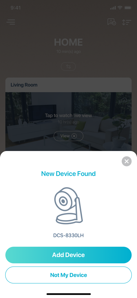 mydlink - L'app mydlink che visualizza un pop-up 'Nuovo Dispositivo Trovato' per una telecamera intelligente DCS-8330LH con opzioni per aggiungere o rifiutare il dispositivo.