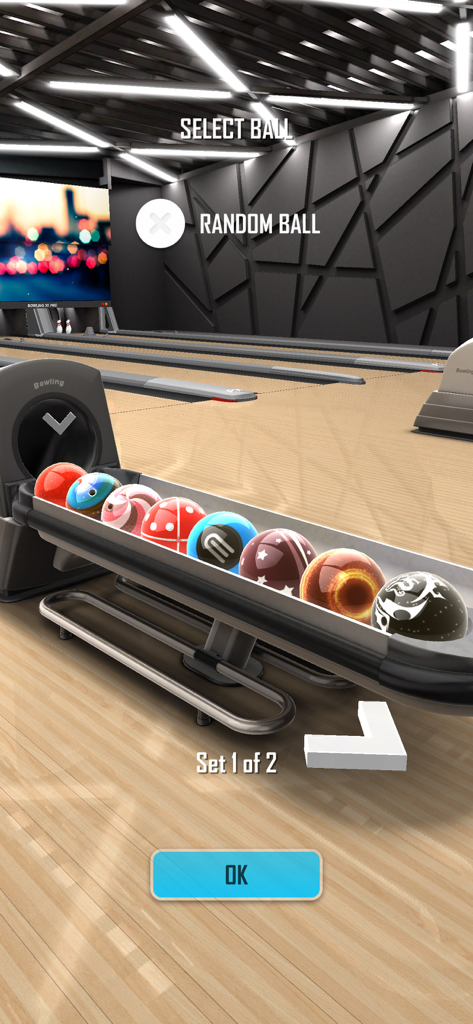 Selection screen showing various colorful bowling balls in the app Bowling 3D Pro.