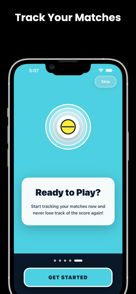 Welcome screen of the Tennis Score Keeper app with a tennis ball icon and a get started button