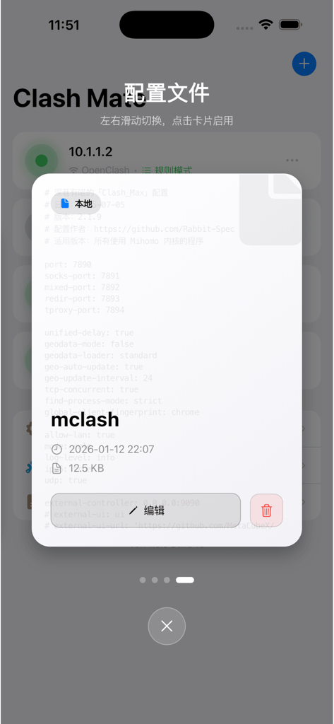 Clash Mate mobile app displaying a configuration file card with network port settings and proxy details