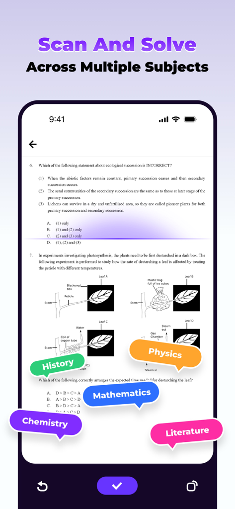 Mathos AI: Smart Solve - Mathos AI app interface showing a scanned science problem with tags for math physics chemistry history and literature subjects