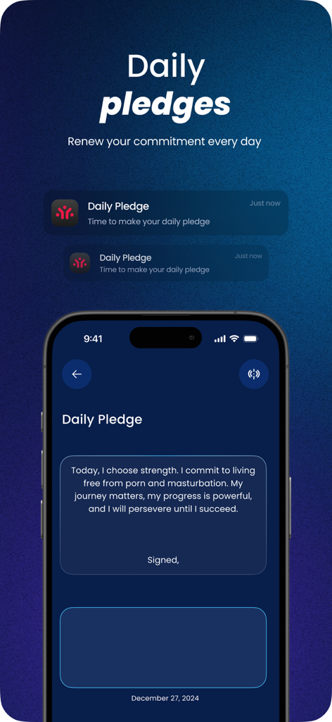 Overcome Lust: Rewire - Una pantalla móvil que muestra la función de compromiso diario de la aplicación Rewire para renovar el compromiso diario