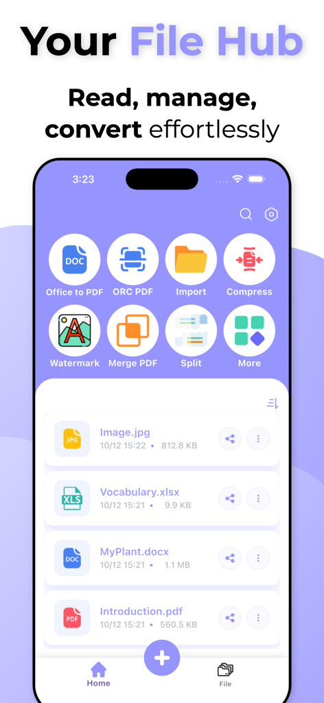 PDF Converter , word to pdf - Dashboard of the PDF Converter app showing tools to manage and convert files effortlessly