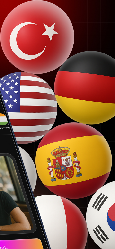 DubxAI: AI Video Dubbing Voice - DubxAIアプリの多言語AI動画ダビングと翻訳機能を表現する、3D球体上のグローバルな旗