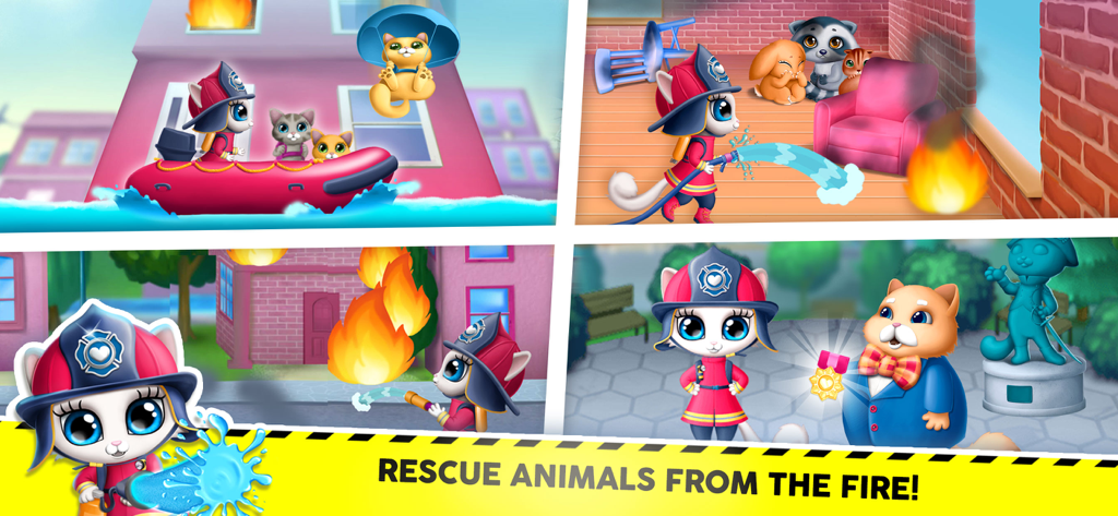 Kitty Meow Meow City Heroes - A cute kitty firefighter rescuing animal friends from fire and floods in a colorful kids game