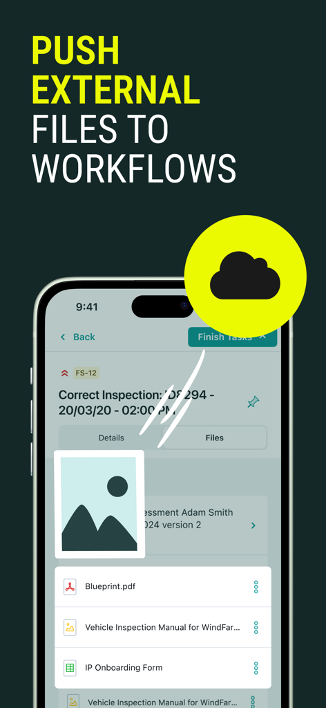 Fluix Tasks - Fluix Tasks mobile app interface showing how to push external files like blueprints and manuals to field workflows