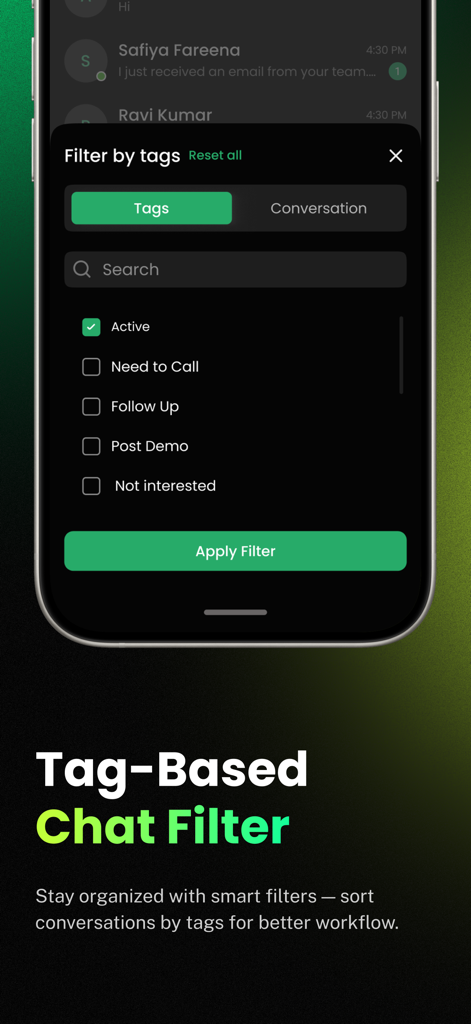 Wappbiz - WhatsAppメッセージの整理のためのタグベースのチャットフィルター機能を示すWappbizアプリ画面