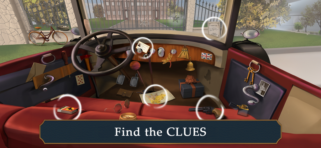 Mary's Mystery: Hidden Object - Hidden object gameplay showing clues circled inside a 1920s vintage car