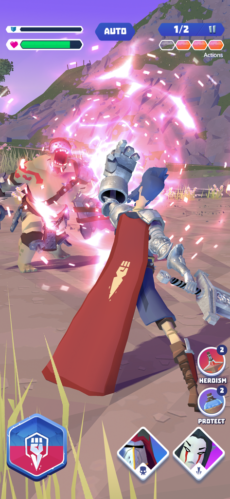 A knight in a red cape uses a magical gauntlet to attack a monster in a 3D combat scene from the Knighthood mobile game.