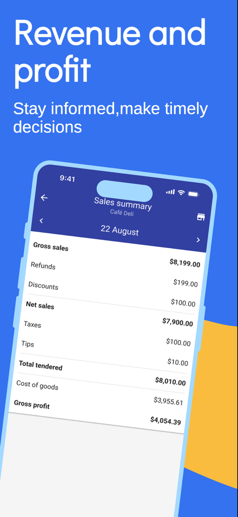 Loyverse Dashboard for POS - Pantalla de smartphone que muestra el resumen de ventas de Loyverse Dashboard con ventas brutas y beneficio neto