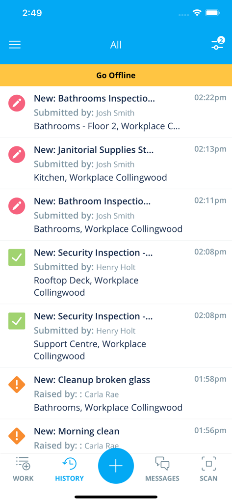 Lighthouse io activity feed showing recent facility maintenance tasks and security inspections
