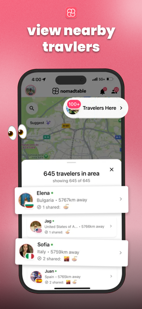 nomadtable: travel friends - Nomadtable mobile app interface showing a map and list of nearby solo travelers with their countries and distances.