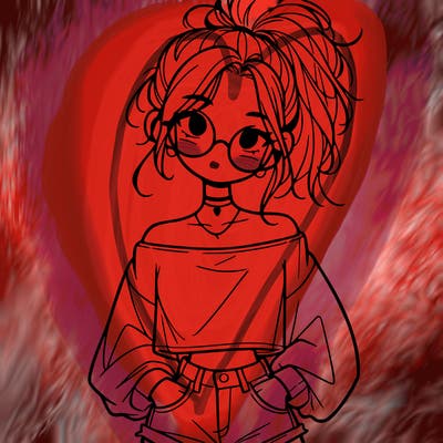 girl with a messy ponytail glasses a baggy crop top and jean shorts