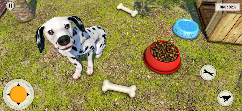 Pet Dog Rescue Shelter Games - Dalmatian dog next to food and water bowls in a pet shelter simulator.