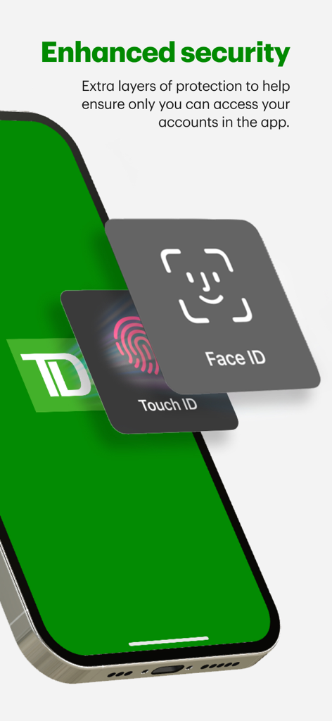 Ein TD Canada App-Bildschirm, der erweiterte Sicherheitsfunktionen zeigt, einschließlich biometrischer Anmeldeoptionen für Face ID und Touch ID.