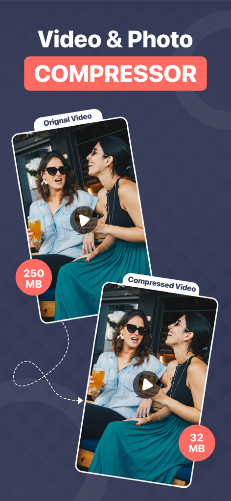 Video Compressor: Resize Image - A visual comparison showing a video file reduced from 250MB to 32MB