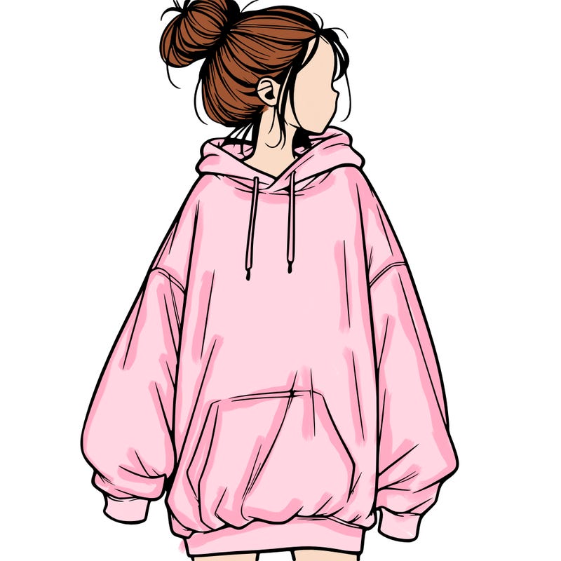 realistic girl with a oversized sweatshirt on and a bun