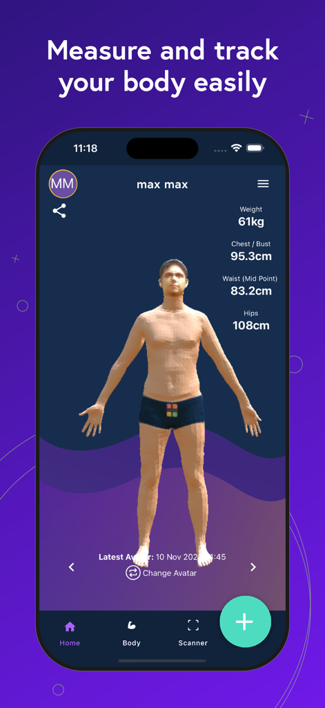 3D Measure Me: Body Progress - 3D Measure Meアプリで体重と測定データが表示された3Dボディアバターを示すスマートフォンの画面