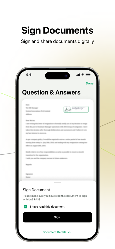 A smartphone screen from the UAE PASS app showing the interface for digitally signing and sharing documents.