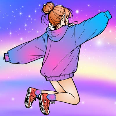 realistic girl jumping with a bun and oversized sweatshirt