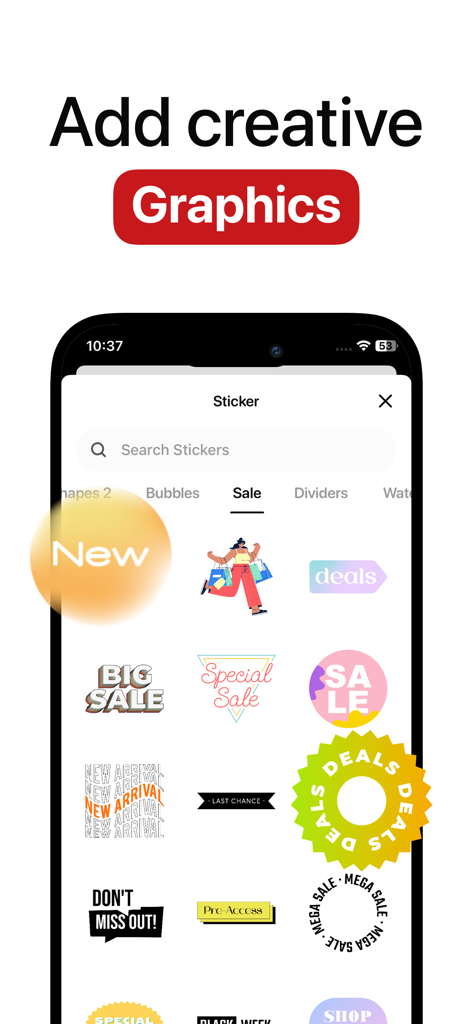 Poster Maker Flyer Maker Posta - A smartphone screen from the Posta app displaying various creative sale stickers and marketing graphics for easy design.