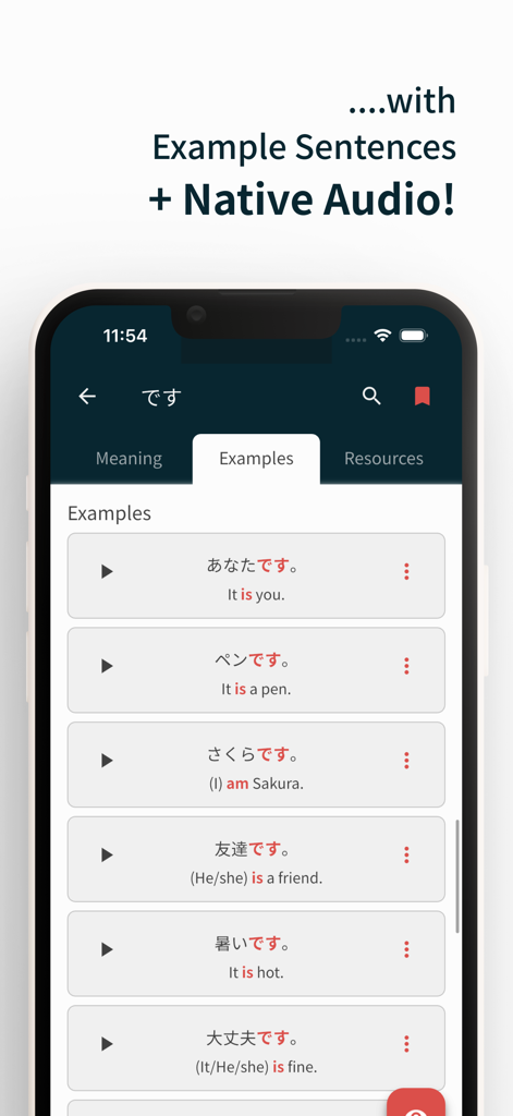 Bunpro Japanese SRS - A screenshot of the Bunpro app showing several Japanese grammar example sentences with native audio options.