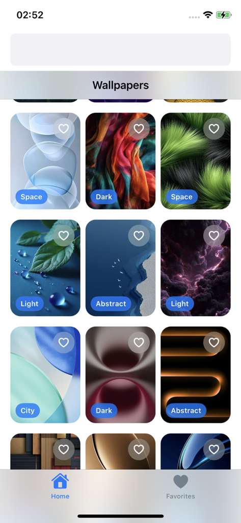 Mobile App-Bildschirm, der eine kuratierte Sammlung ästhetischer 4K-Hintergründe in verschiedenen Kategorien anzeigt.